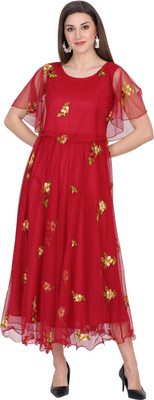 THE PREEGO Women Maxi Maroon Full Length Dress
