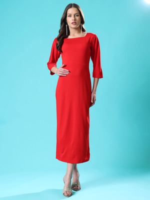 PURVAJA Women Bodycon Red Midi/Calf Length Dress