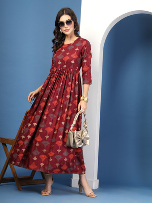 Anmi Women Fit and Flare Maroon Maxi/Full Length Dress