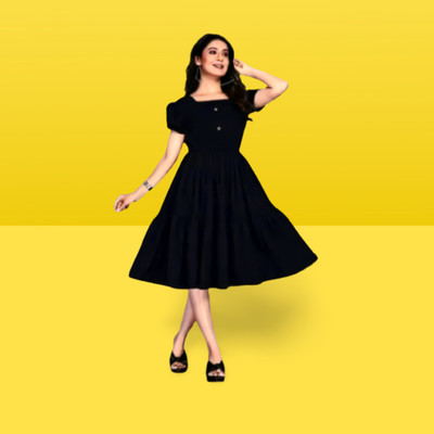 shabri Women Ethnic Dress Black Midi/Calf Length Dress