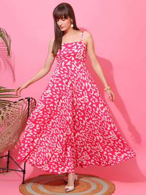 Sheetal Associates Women Fit and Flare Pink, White Maxi/Full Length Dress