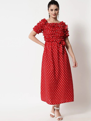 poojagarments Women Fit and Flare Red Midi/Calf Length Dress