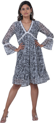 TSM Women Fit and Flare White, Black Knee Length Dress