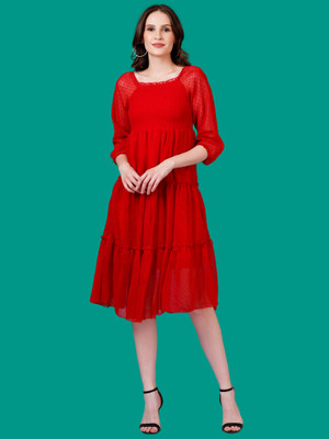 JC4U Women Gathered Red Midi/Calf Length Dress