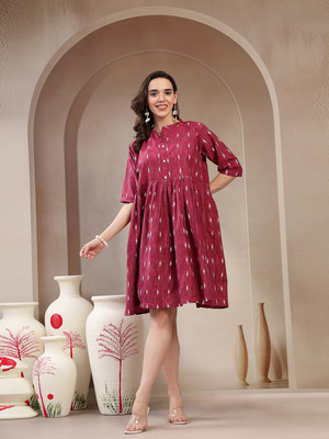 Moda Rapido Women Asymmetric Maroon, Beige Midi/Calf Length Dress