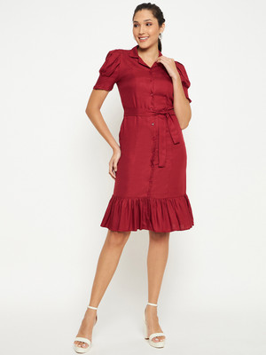 DUKE Women A-line Maroon Knee Length Dress