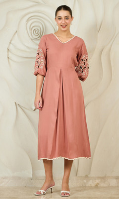 Boho By Athena Women Fit and Flare Brown Midi/Calf Length Dress