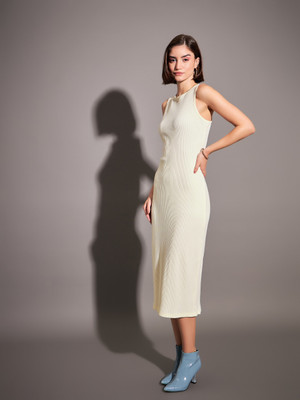 SASSAFRAS Women Bodycon Beige Midi/Calf Length Dress