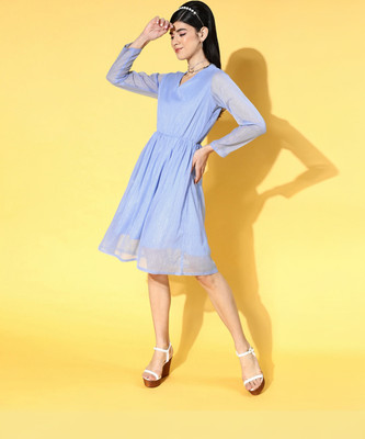 PLUSS Women A-line Blue Knee Length Dress
