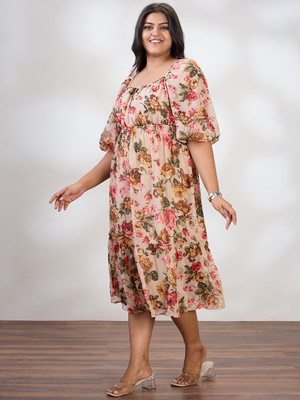 Globus Women Fit and Flare Beige Midi/Calf Length Dress
