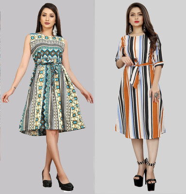 Hiral Creation Women Fit and Flare Multicolor Knee Length Dress