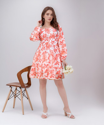 DORESUZAA Women A-line Orange Above Knee/Mid Thigh Length Dress