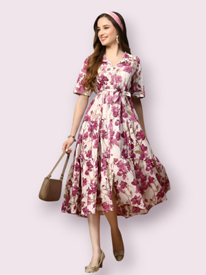 HouseOfCommon Women Fit and Flare Multicolor Below Knee Dress