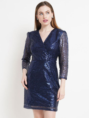 Moda Rapido Women Wrap Blue Above Knee/Mid Thigh Length Dress
