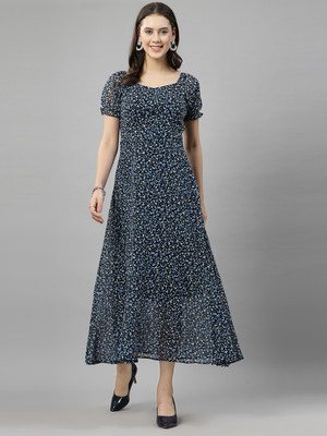 METRONAUT Women Fit and Flare Dark Blue Maxi/Full Length Dress
