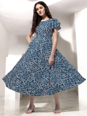 Oomph! Women Fit and Flare Blue Below Knee Dress