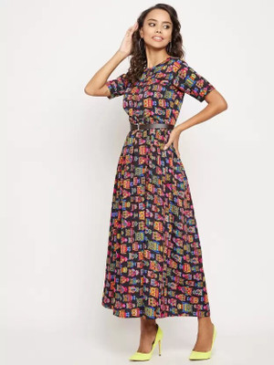 LIHANA Women Fit and Flare Multicolor Midi/Calf Length Dress
