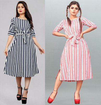 tanvi creation Women Fit and Flare Blue Below Knee Dress