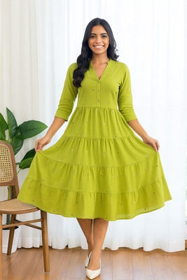 Fabnex Exports Women Fit and Flare Light Green Midi/Calf Length Dress