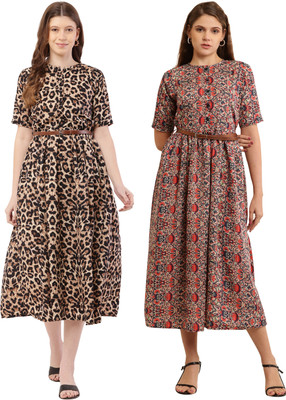 Miranga Women Fit and Flare Multicolor Below Knee Dress