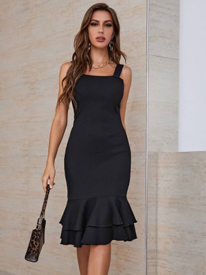 mirafashion Women Maxi Black Knee Length Dress