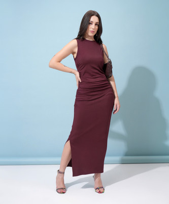 Tokyo Talkies Women Bodycon Maroon Maxi/Full Length Dress