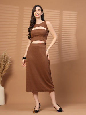PLUSS Women Fit and Flare Brown Knee Length Dress