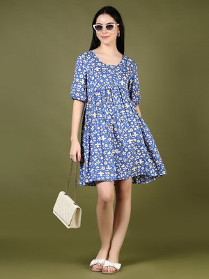 V-MART Women A-line Blue Knee Length Dress