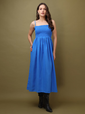 MILOST Women Ruffled Blue Midi/Calf Length Dress