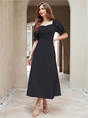 HouseOfCommon Women Fit and Flare Black Midi/Calf Length Dress