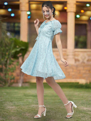 Moda Rapido Women Fit and Flare Blue Above Knee/Mid Thigh Length Dress