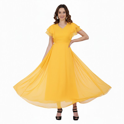 color world Women Fit and Flare Yellow Maxi/Full Length Dress