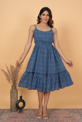 Sidh Sawai Women A-line White, Dark Blue Below Knee Dress