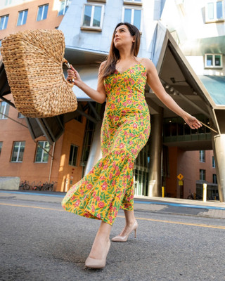Demirner Women Fit and Flare Yellow Midi/Calf Length Dress