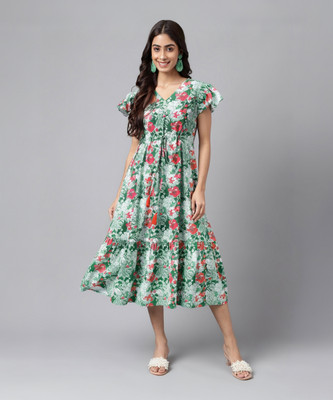Janasya Women A-line Green Midi/Calf Length Dress