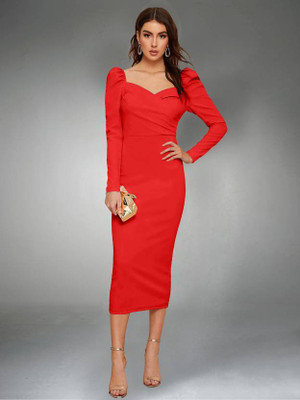 Newba Women Bodycon Red Midi/Calf Length Dress