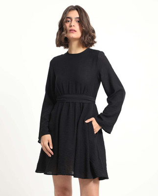 RAREISM Women Fit and Flare Black Knee Length Dress