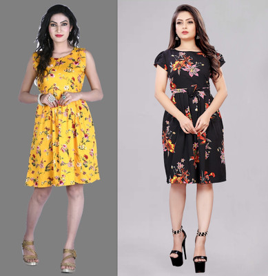 maruti fab Women Fit and Flare Yellow Knee Length Dress