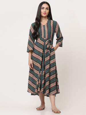 SAVI Women Fit and Flare Green Midi/Calf Length Dress
