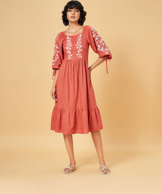 Honey By Pantaloons Women Fit and Flare Orange Midi/Calf Length Dress