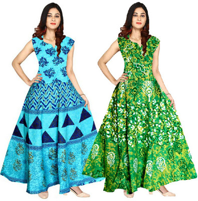 Shunit creation Women Fit and Flare Blue, Green Maxi/Full Length Dress