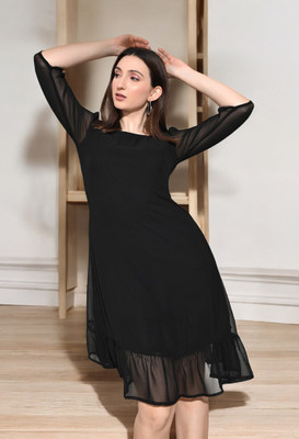 HouseOfCommon Women Fit and Flare Black Knee Length Dress