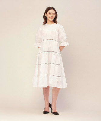 moomaya Women Fit and Flare White Midi/Calf Length Dress