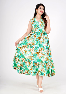 MintMarie Women Fit and Flare Light Green Ankle Length Dress
