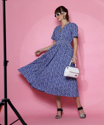 Honky Tonky Women Fit and Flare Blue Midi/Calf Length Dress