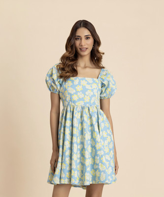 moomaya Women Fit and Flare Blue Mini/Short Dress