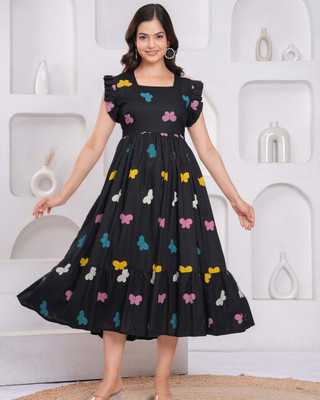 Milastru Women Fit and Flare Black Midi/Calf Length Dress