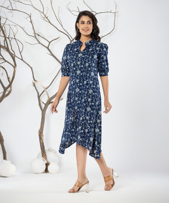 Jaipuri Bunaai Women Asymmetric Blue Midi/Calf Length Dress