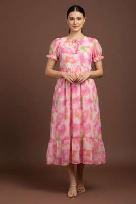 GROMint Women Fit and Flare Pink Maxi/Full Length Dress