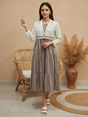 ZUMMER Women Fit and Flare Brown, White Midi/Calf Length Dress